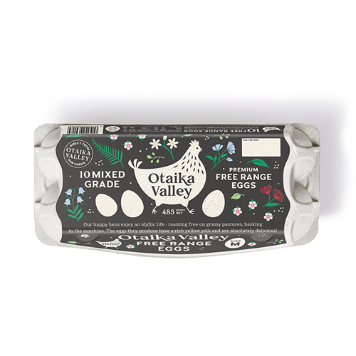 A photograph of a 10 pack carton of Otaika Valley Free Range Eggs mixed grade