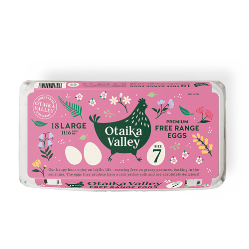 A photograph of a carton of large Otaika Valley Free Range Eggs 18 pack