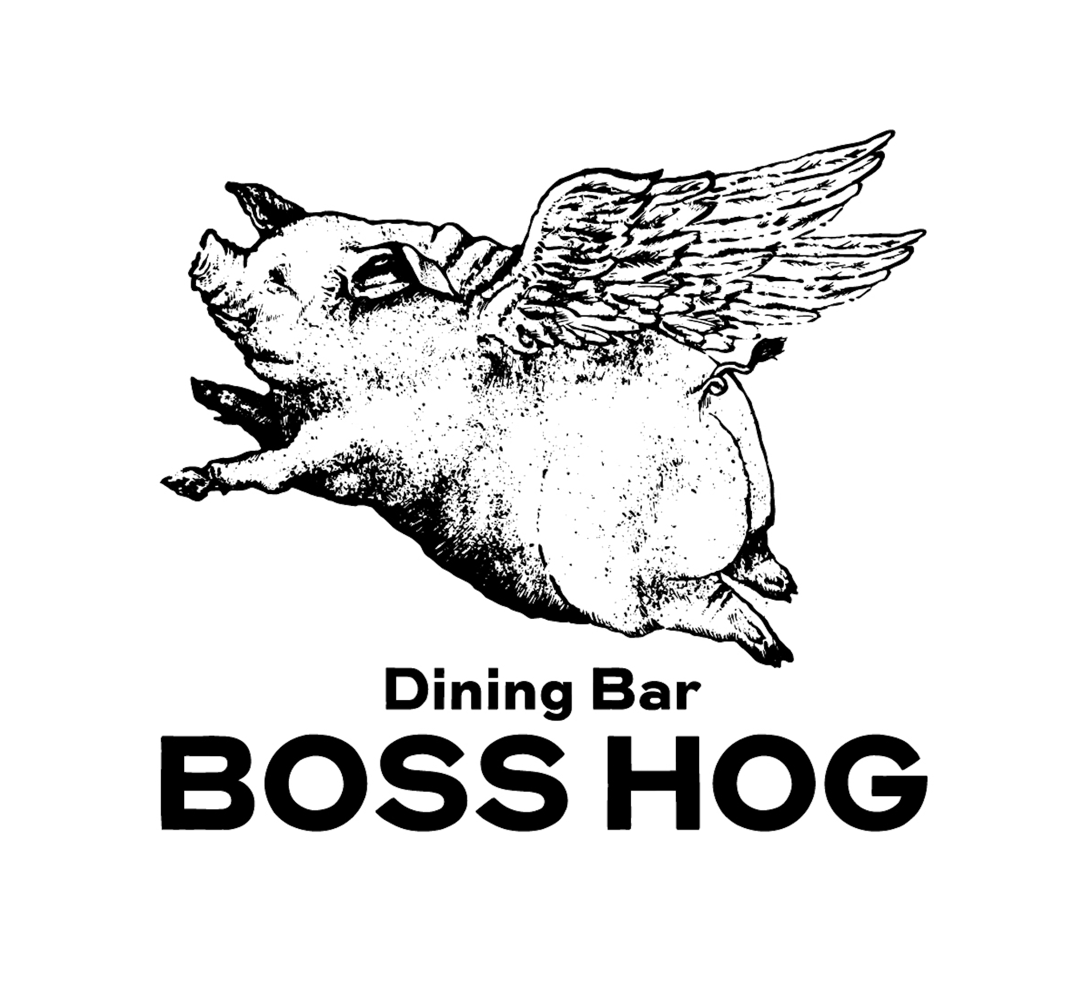 翼を持つ豚のキャラクターと「BOSS HOG」の文字、下に「Dining Bar」の文字があるロゴデザイン