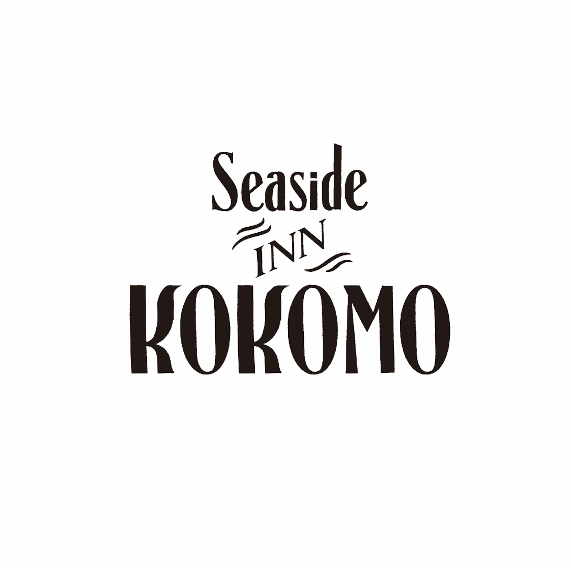 海辺のインのロゴデザイン、カラフルなテキストと波の装飾