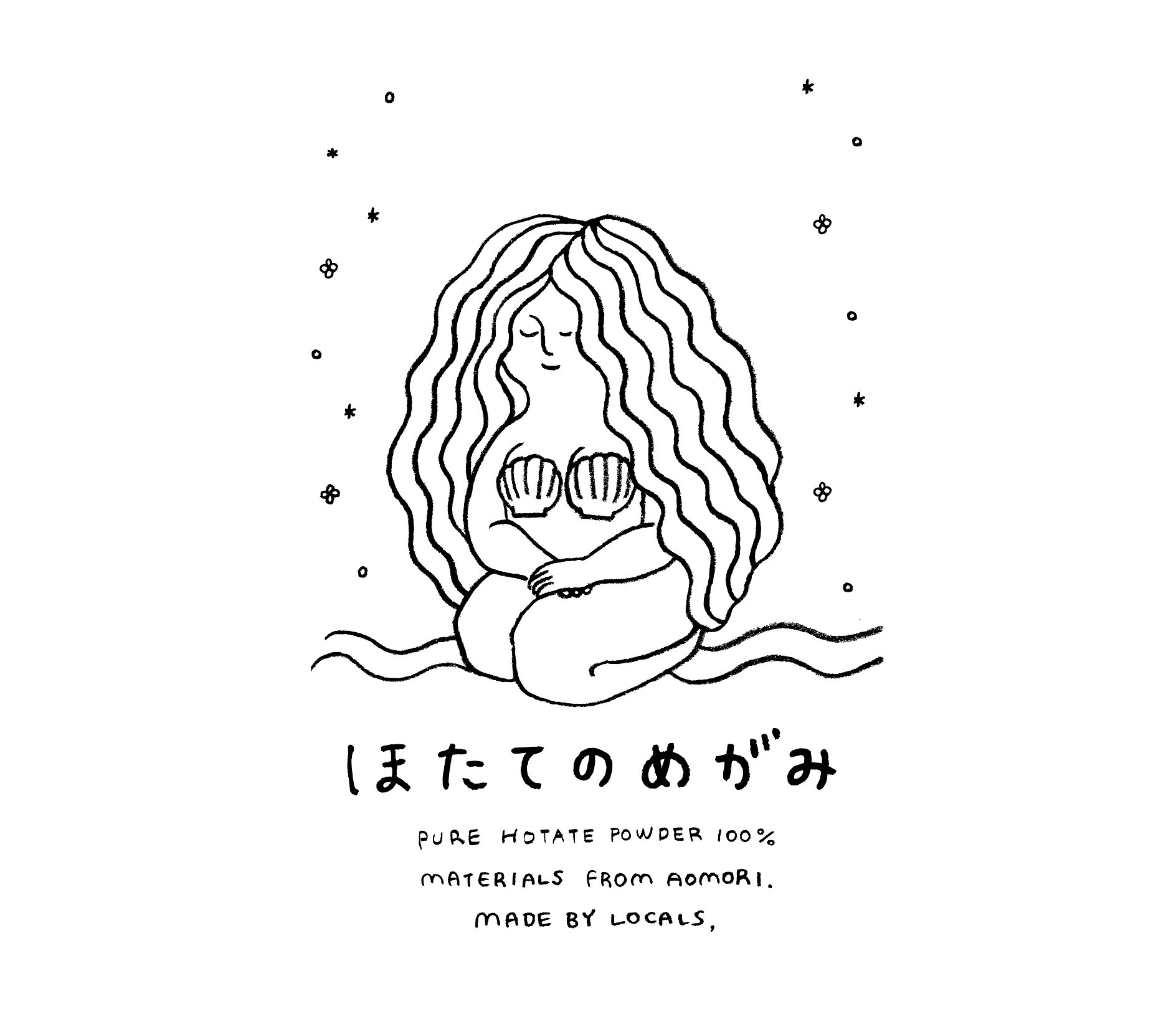 木でできた商品パッケージのイラスト。中央に女性が座っており、長い髪を持ち、両手に貝殻を持つ。周囲に小さな星や花の模様。 below the illustrationは日本語と英語の説明文で、商品名は「ほたてのめがみ」、内容は100%ホタテ粉末、青森産素材、地元の人々による製造を示している。