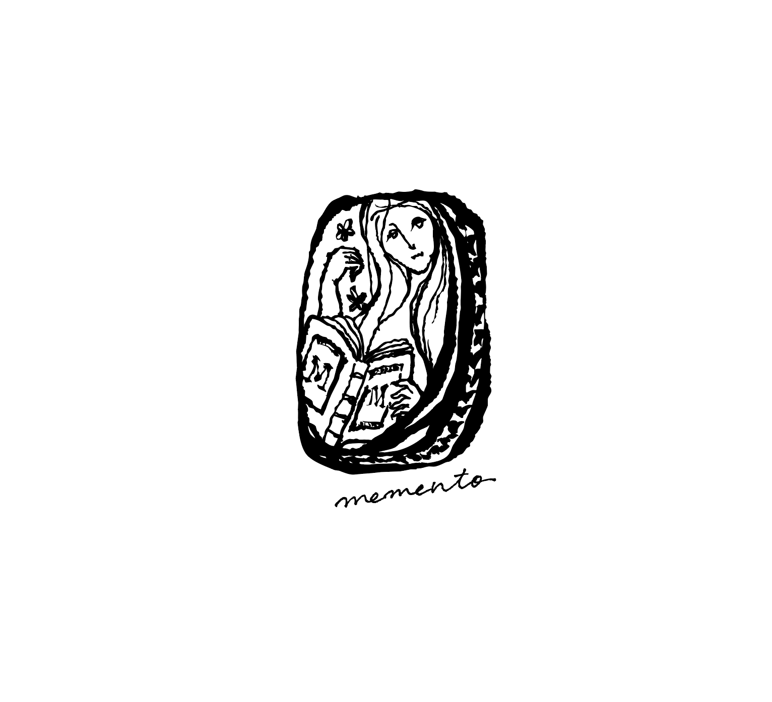 女性の絵が描かれたかばんのイラストと「memento」という文字。