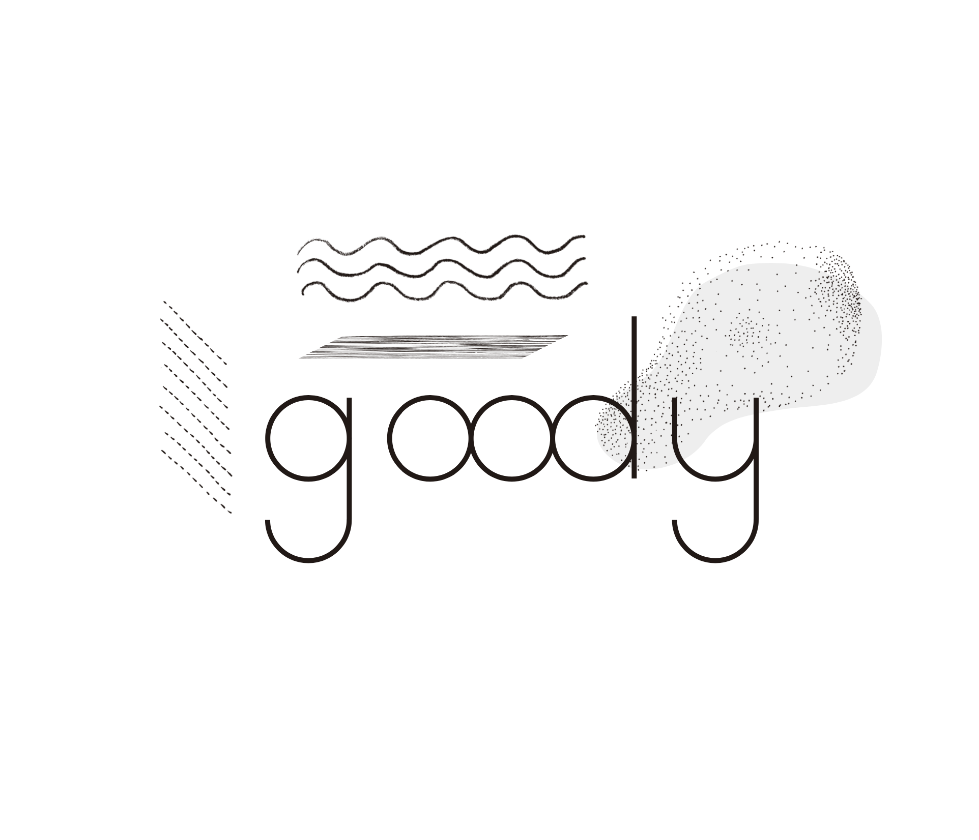 ブラックとグレーのテキストとライン、ドットで構成された抽象的なデザインで、中央に英語の"goodly"という文字が表示されている。