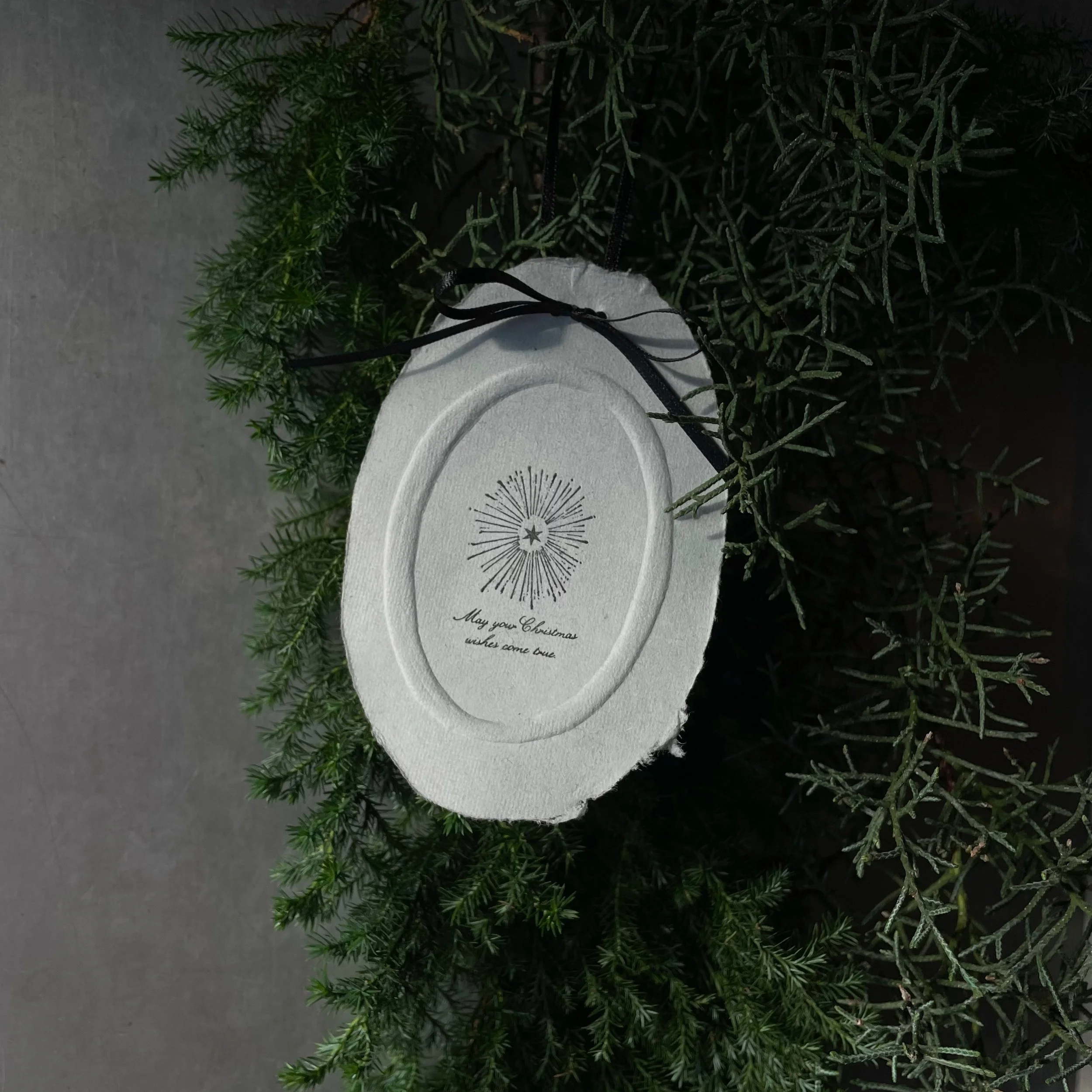 緑のツタのような植物の間に白いクリスマス装飾が吊るされている。装飾には星のデザインと「May your Christmas wishes come true」というメッセージが書かれている。