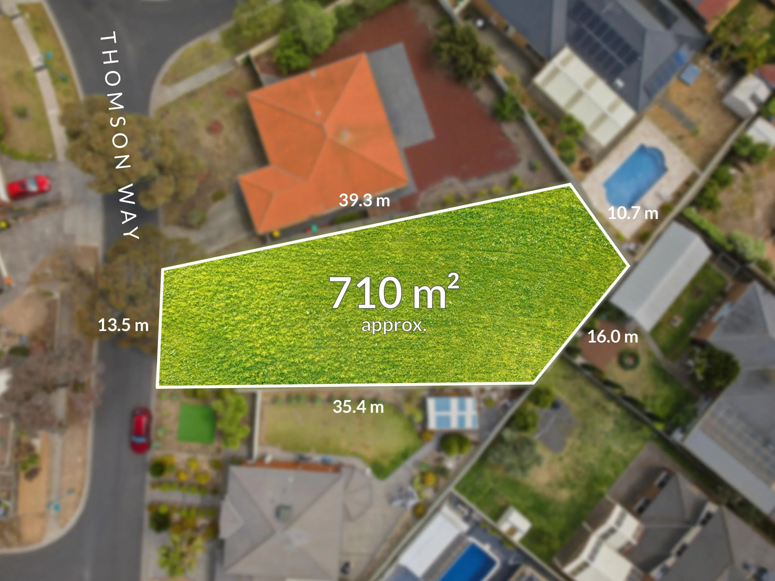 Aerial view of a plot of land with measurements and area, surrounded by residential houses, with the label '710 m² approx.' and dimensions in meters. The plot has an irregular shape, bordered by a street called 'Thomson Way.'