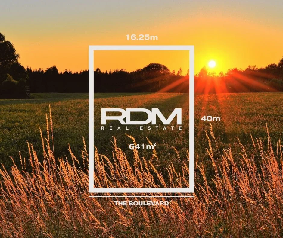 A sunset over a grassy field with trees in the distance. Overlayed on the image is a white rectangle with measurements of 16.25 meters by 40 meters, showing the area of a real estate property called "The Boulevard" by RDM Real Estate, covering 641 square meters.