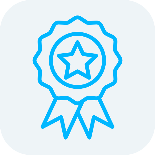 Blue outline of a medal or award ribbon with a star inside.