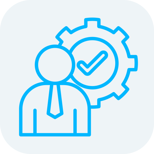 Icon of a person in a suit with a gear and checkmark in the background.