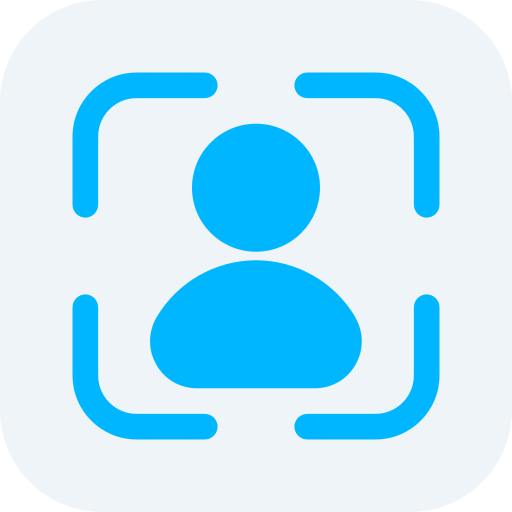 Icon representing a face scan or facial recognition, with a blue outline of a person's head and shoulders inside a square frame.