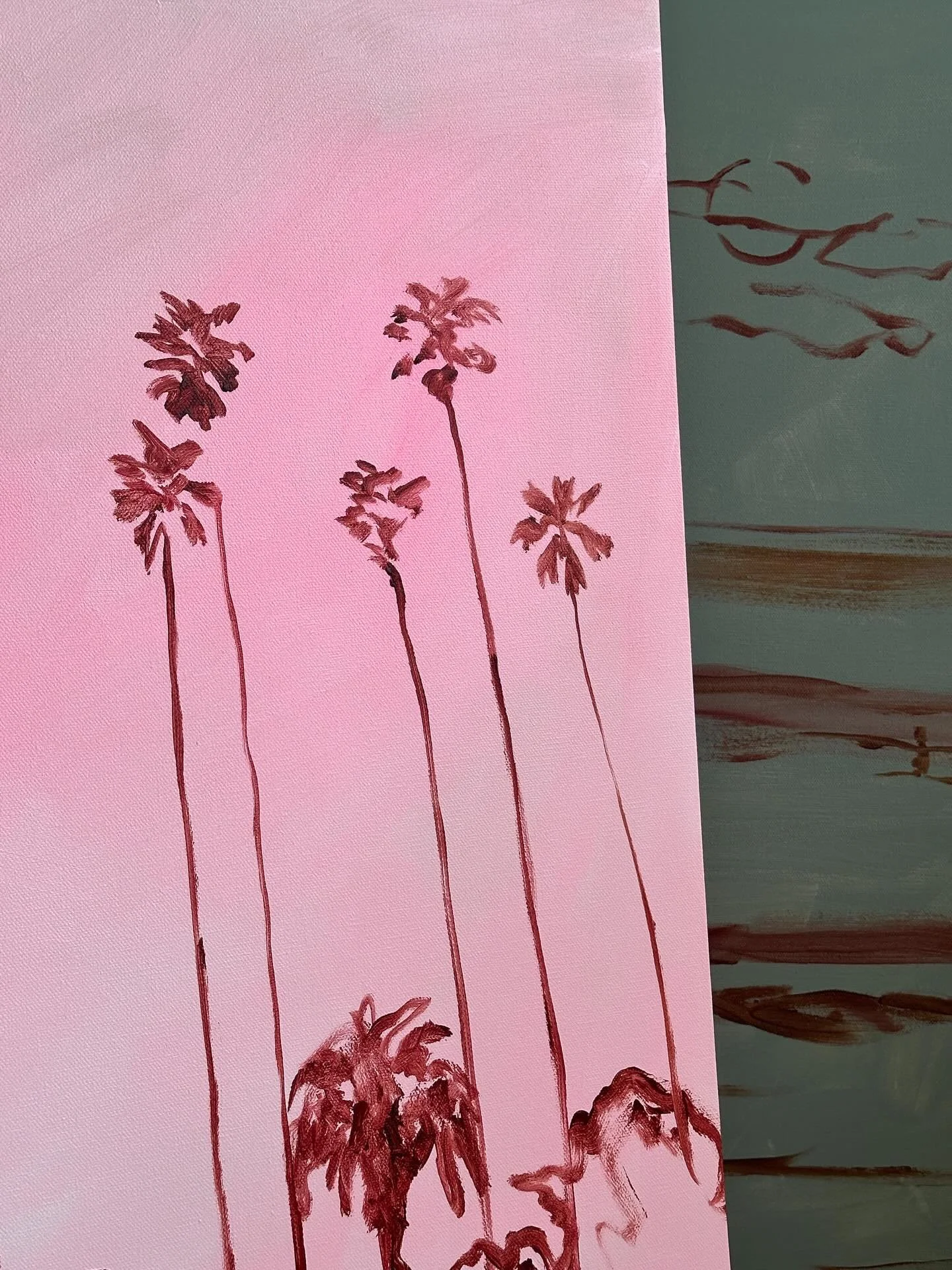Just another Organic Lovely Day! 🤸🏼&zwj;♀️ 
Palms taking shape, sunsets melting into the ocean, tulips on the table because spring is calling my name!! Commissioned pieces drying nearby, paint on my hands, doing the work I love for people who get t