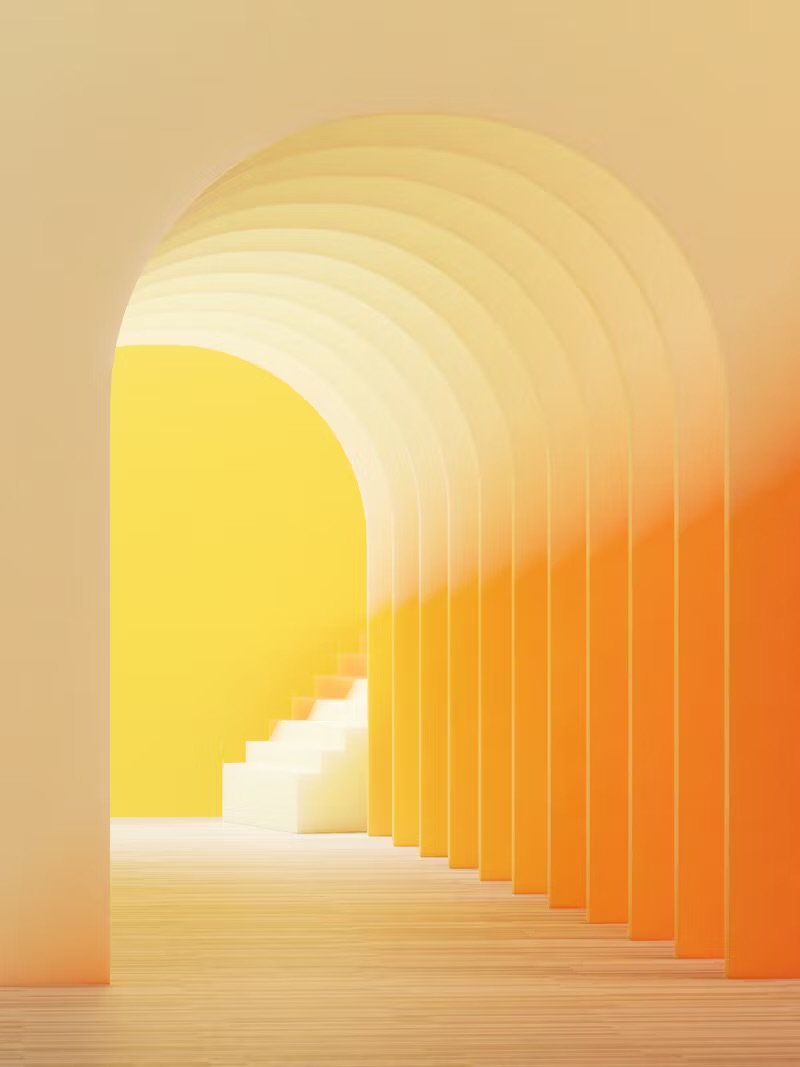 Abstract digital art of yellow, orange, and beige curved archways and steps, with a bright yellow background.
