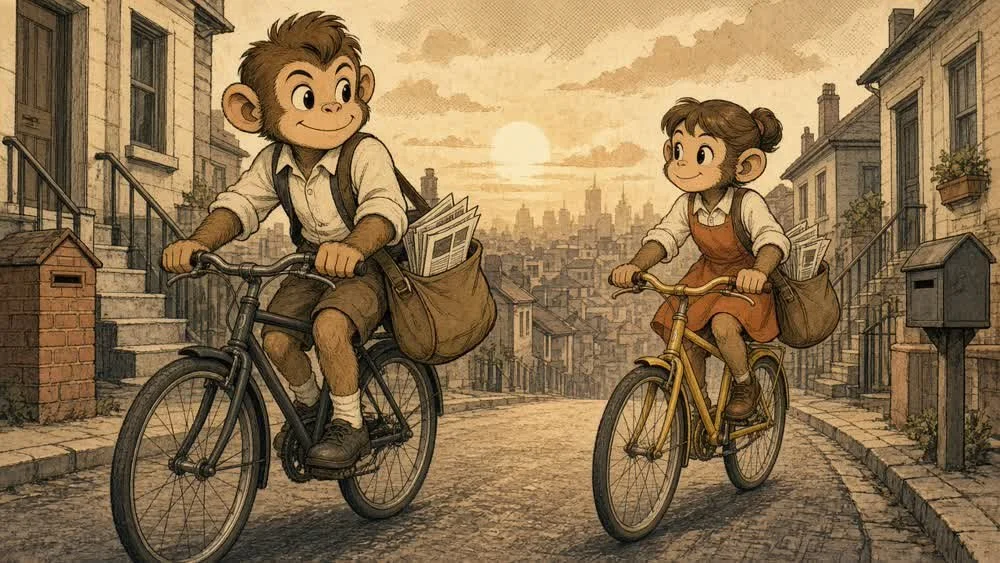 Two couriers, Kong and her, riding with the morning paper