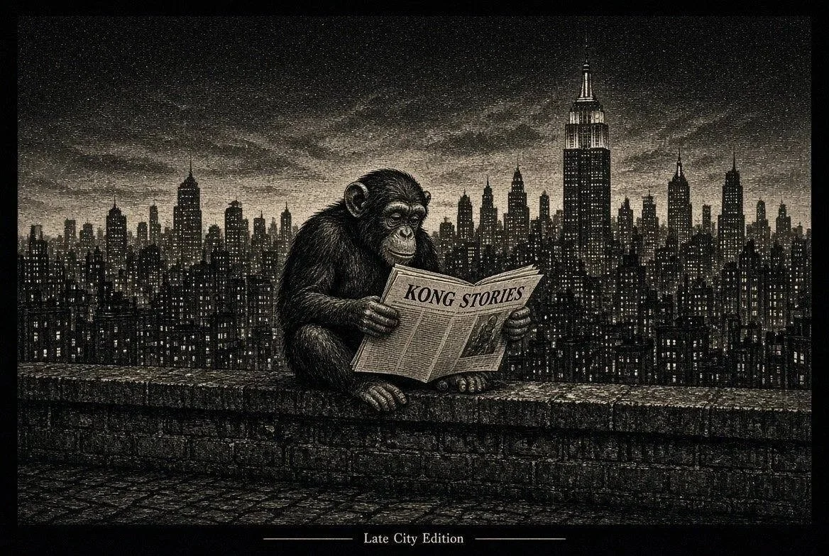 Black-and-white illustration of a chimpanzee sitting on a ledge reading a Kong Stories newspaper, with the night skyline of New York and the Empire State Building behind