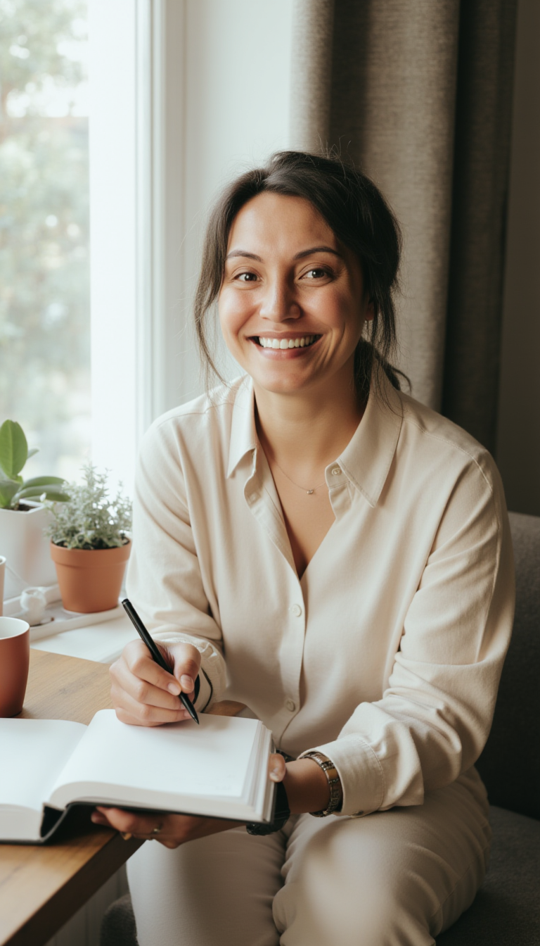 A woman sitting at a desk near a window, smiling, holding a pen, and writing in a notebook.