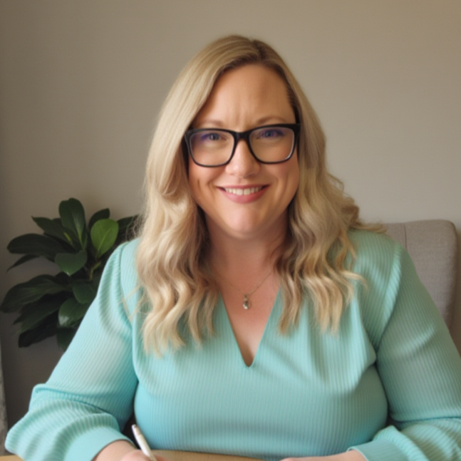 A smiling woman with glasses and long blonde wavy hair, wearing a light turquoise blouse, sitting at a desk with a pen in hand, in a room with a plant and light-colored wall.