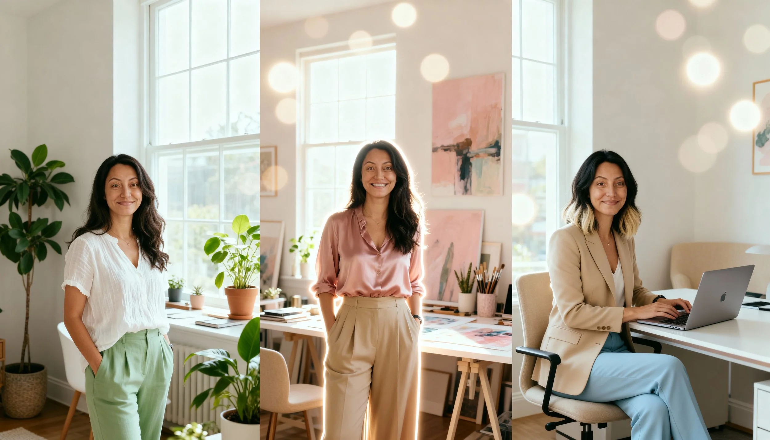 Three women in different indoor settings. The first woman stands near a window with green houseplants, wearing a white blouse and light green pants. The second woman stands in a well-lit art studio or office with paintings and art supplies behind her, wearing a pink silk blouse and beige high-waisted pants. The third woman sits at a desk with laptop, in an office or home workspace, wearing a beige blazer and light blue pants, smiling at the camera.