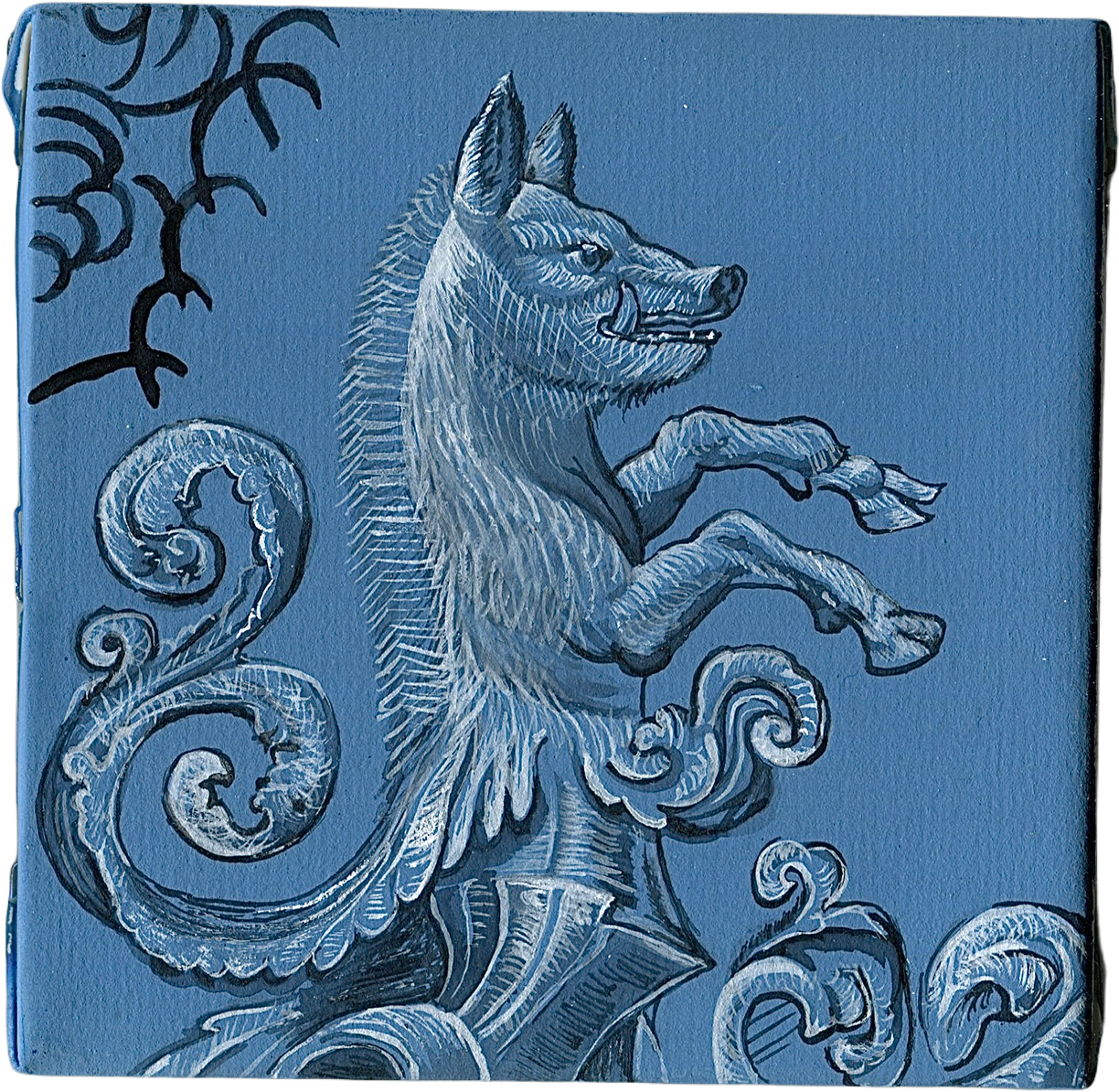 5 x 5 (inch) ink & white gouache on wooden panel