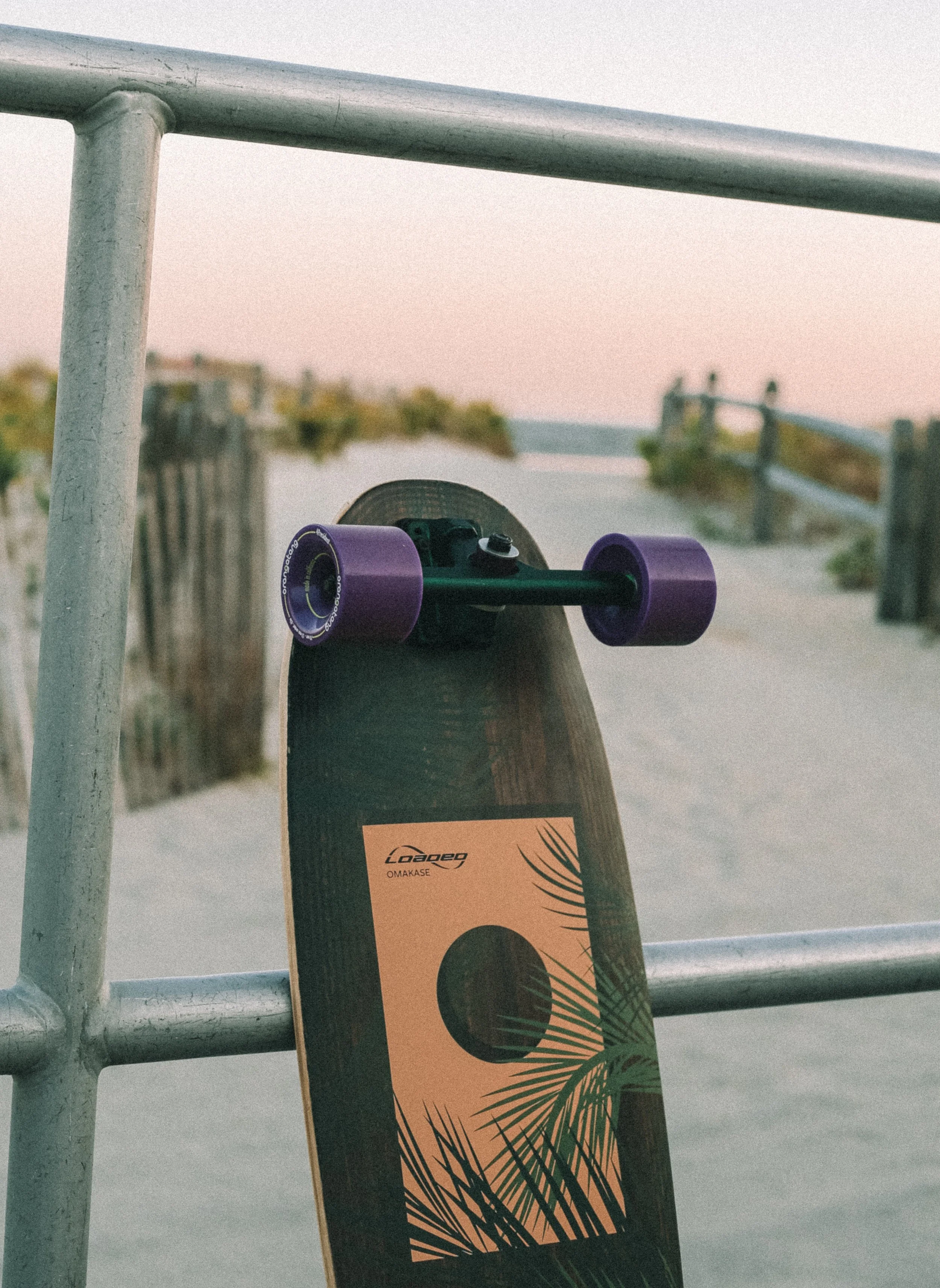 Image captures a skateboard's design and texture in beautiful, warm light, showcasing high-quality product photography with a relaxed, beachy vibe. Ideal for showcasing products in outdoor lifestyle settings. Atmospheric product shot.