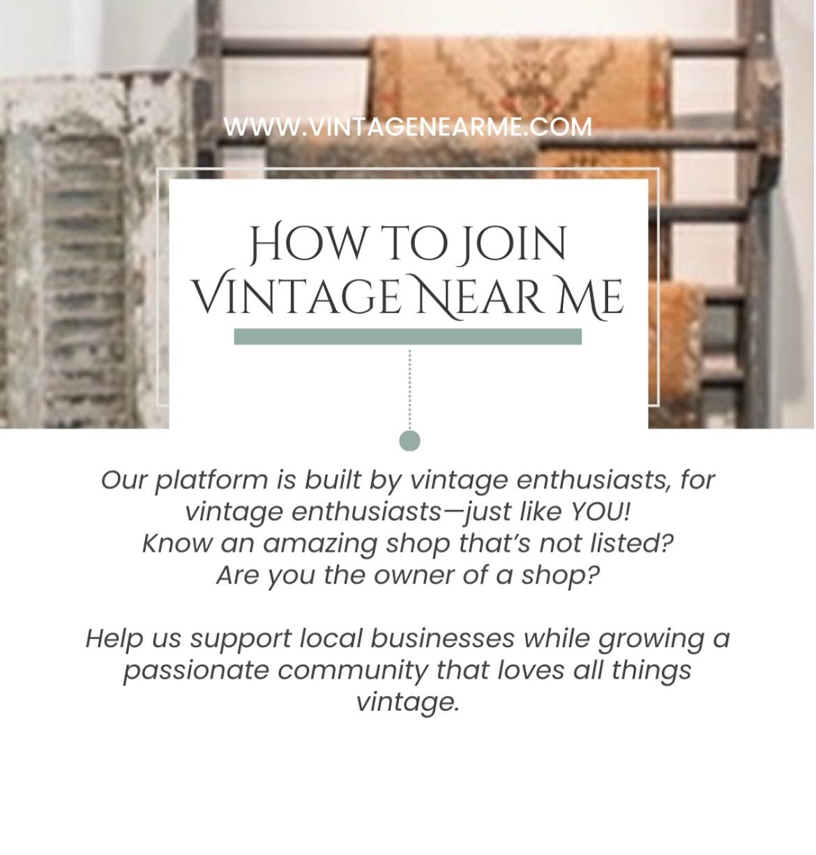 We&rsquo;re building more than a site, we&rsquo;re building a community&mdash;a better way forward for connecting us all together .. for getting all your small business found &hellip; 
Our mission. &hellip; we&rsquo;re making vintage shop owning easi