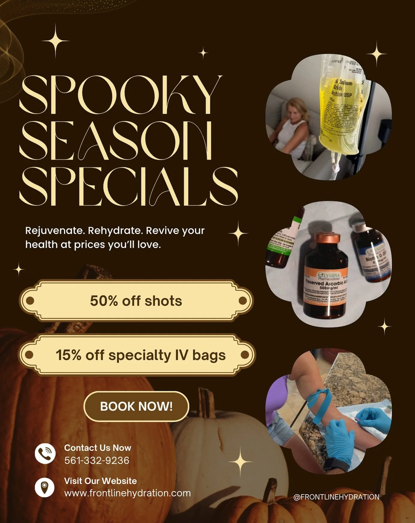No tricks, just treats 🎃

&bull;  50% off all shots
&bull;  15% off specialty IVs (excluding Hydration IV Bag)

Book now and feel boo-tiful all season long 👻

📍 St. Lucie &bull; Martin &bull; Palm Beach Counties
📞 (561) 332-9236
🌐 frontlinehydra