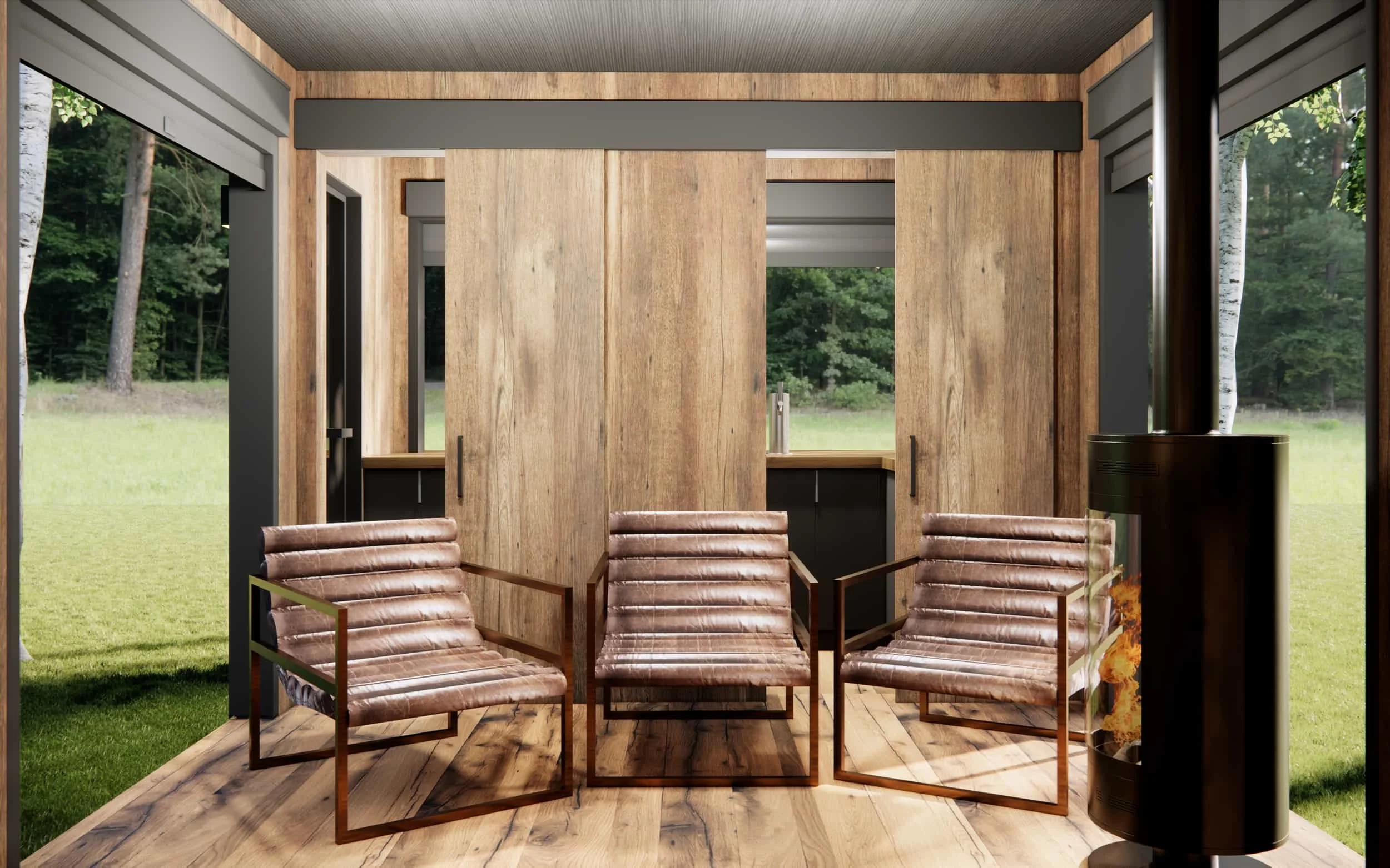 Interior of a modern room with large windows on three sides, wooden floors, and walls, featuring three armchairs with metal frames and leather-like cushions, and a black cylindrical fireplace with flames on the right side.