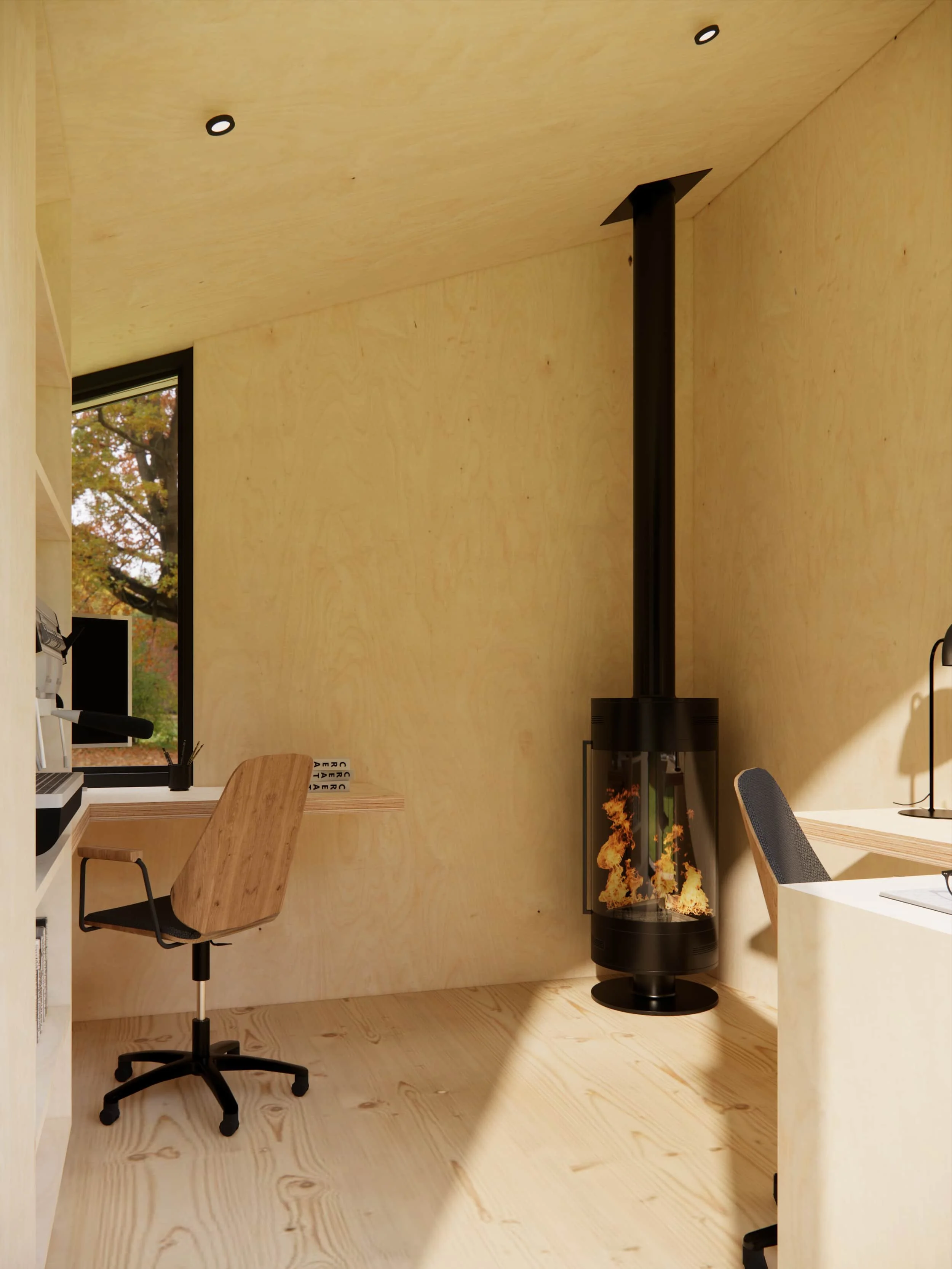 A minimalistic home office with light wood walls, ceiling, and flooring. There is a window on the left showing autumn foliage. Two desks with chairs are on either side, and a black wood stove with flames is in the corner.