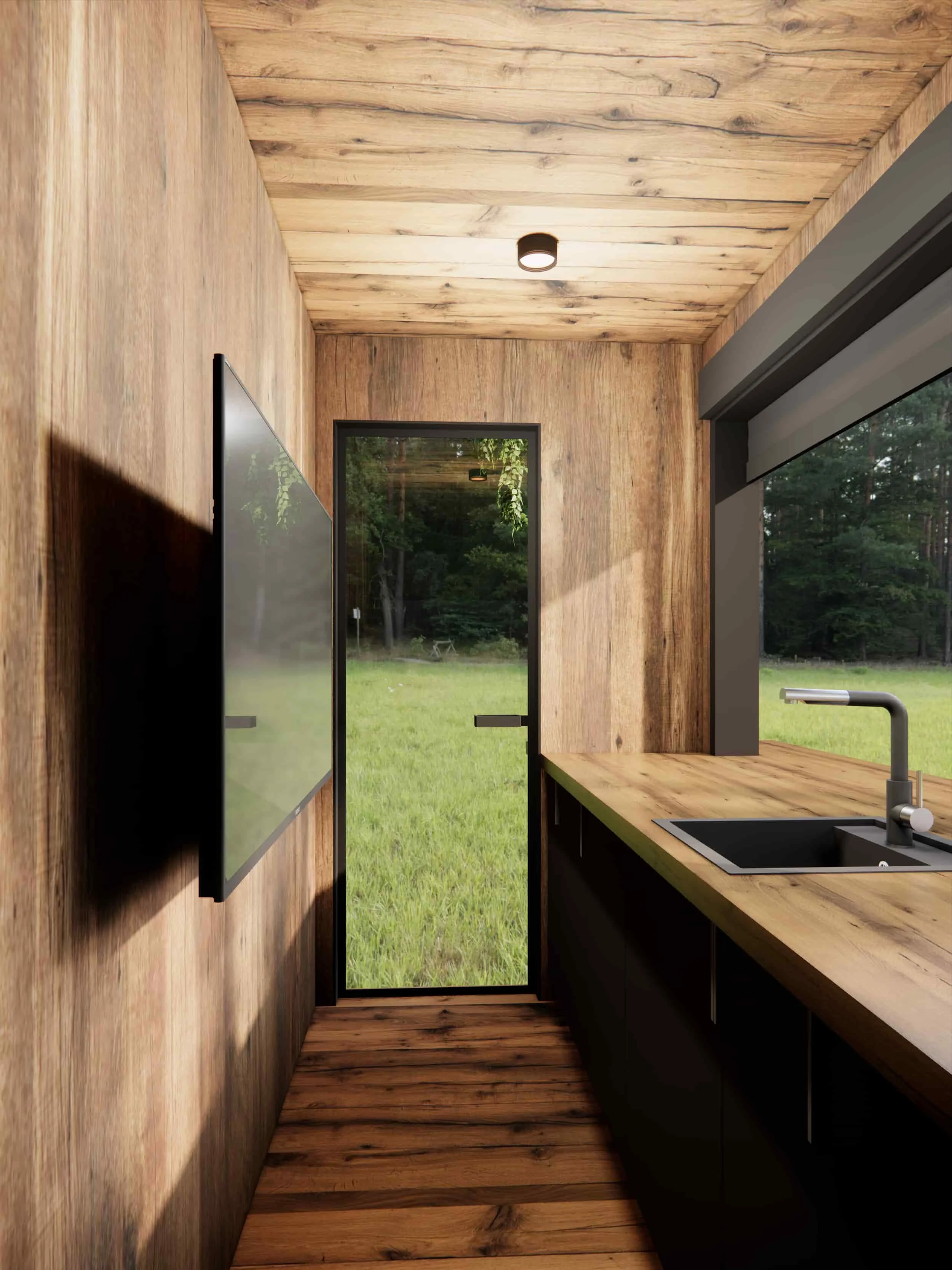 Backyard outdoor bar inspired by tiny homes and modular home builds, designed for entertaining and outdoor living