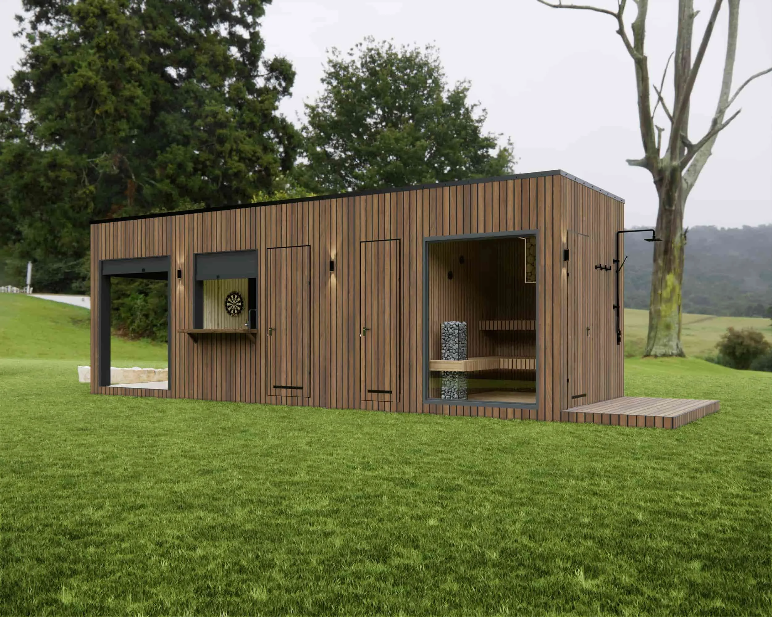 A modern wooden outdoor structure with a dartboard, a shower, and a sauna inside, situated on a grassy field with trees in the background.