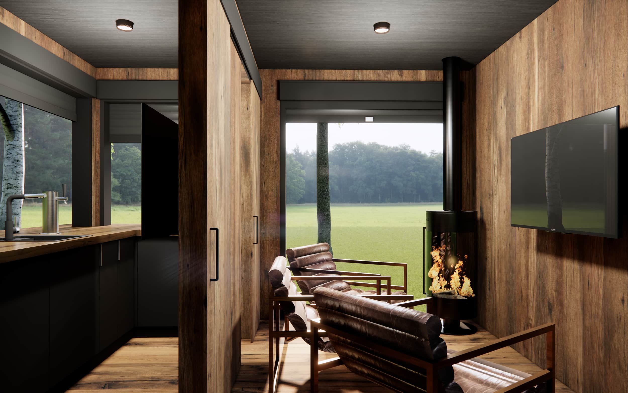 Modular backyard bar designed for outdoor entertaining, garden upgrades, and compact home build solutions Cozy living room with leather sofa, wood-paneled walls, and a fireplace, overlooking a green outdoor field through large windows.