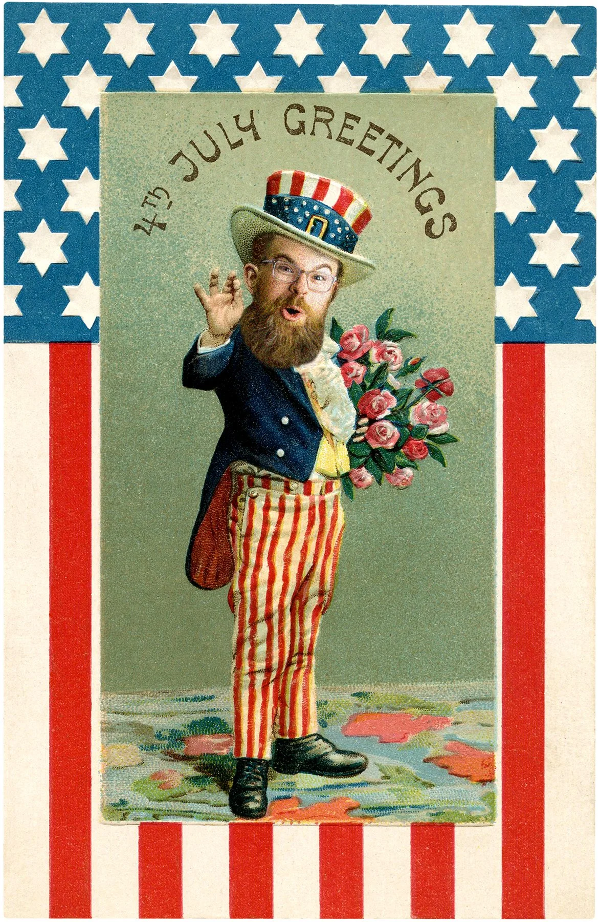 Vintage July 4th greeting card featuring a man with a beard and glasses, dressed in patriotic striped pants, holding a bouquet of pink roses, and wearing a top hat adorned with American flag patterns. The card has a border of white stars on a blue background at the top and red and white stripes at the sides. Text on the card reads "Hi July Greetings."
