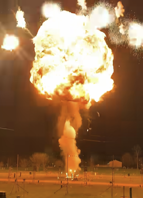 Large explosion with fireball and flames erupting into the night sky over an open field, with some structures and trees visible in the background.