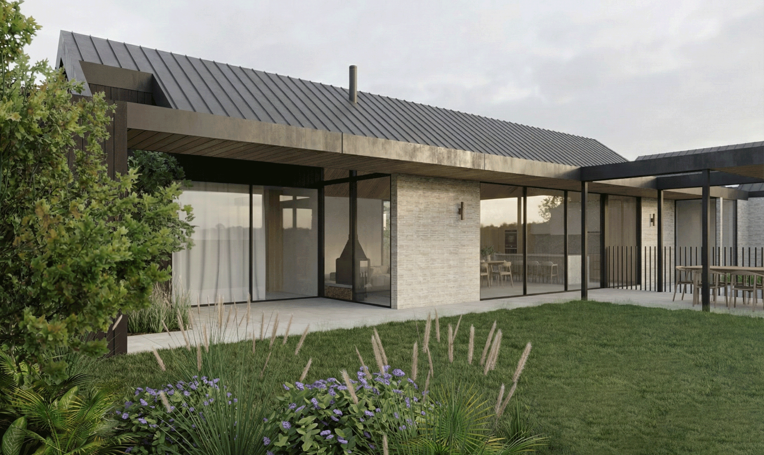 Contemporary extension in Geelong featuring eaveless clinker brick form and large format glazing