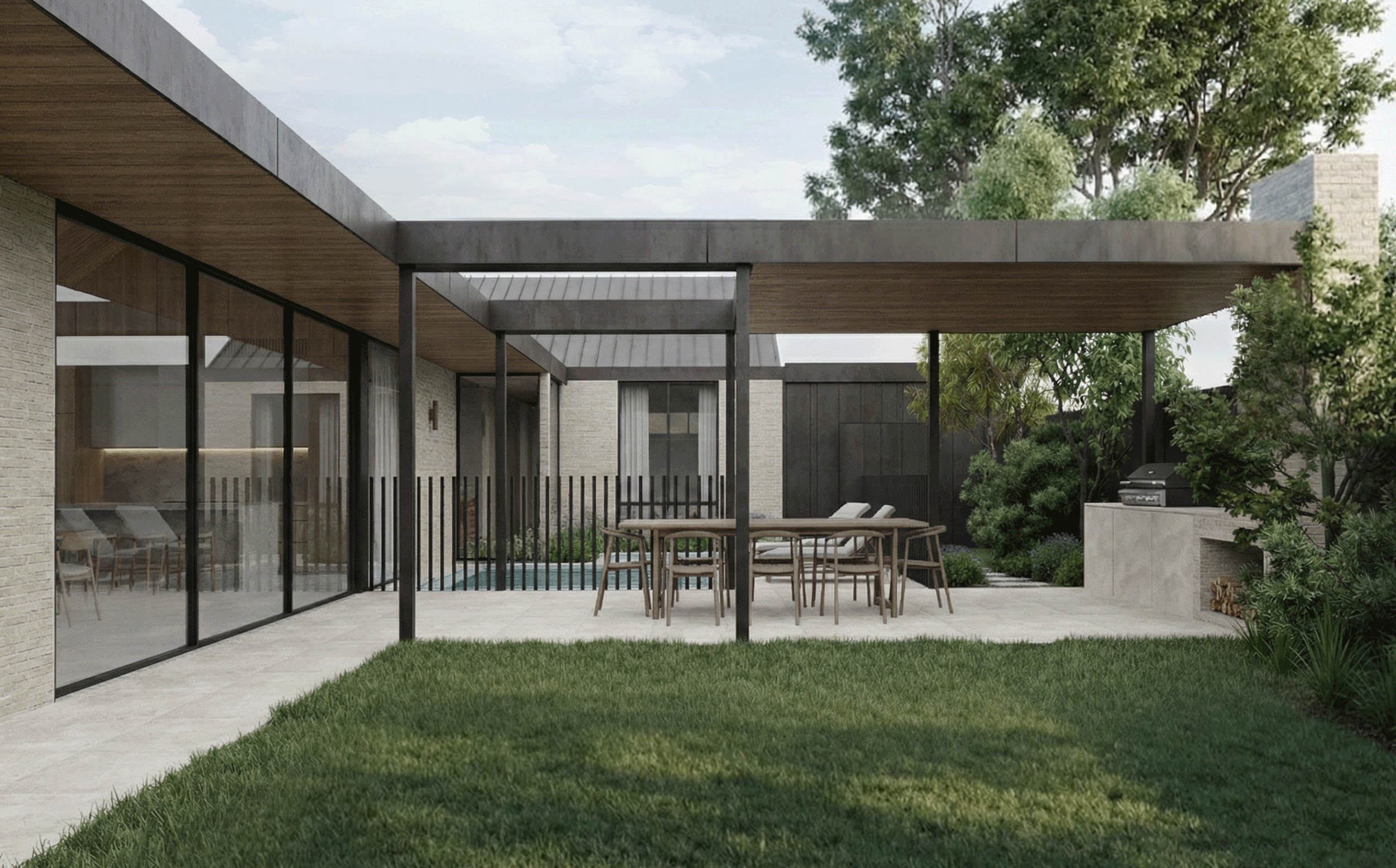 Connection between poolside landscape and internal living zone with sheer linen drapery