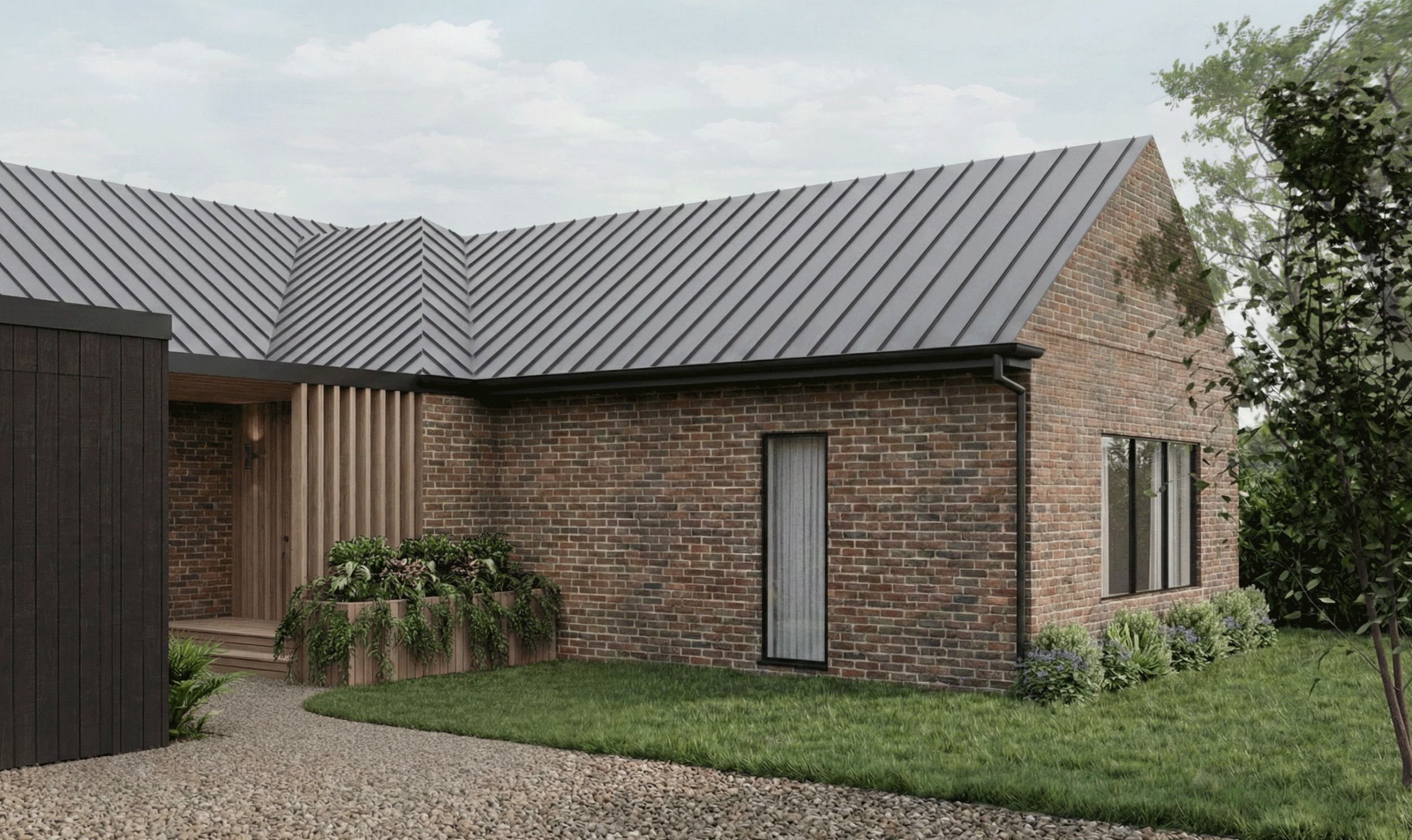 Minimalist rear facade detail showing projection of heritage brickwork into modern form