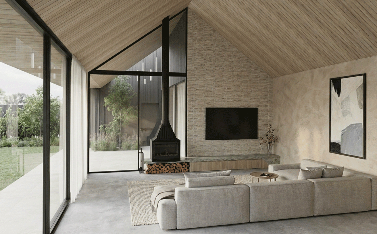 large vaulted ceiling and feature skylight with traditional fireplace in luxury heritage extension by Architektura