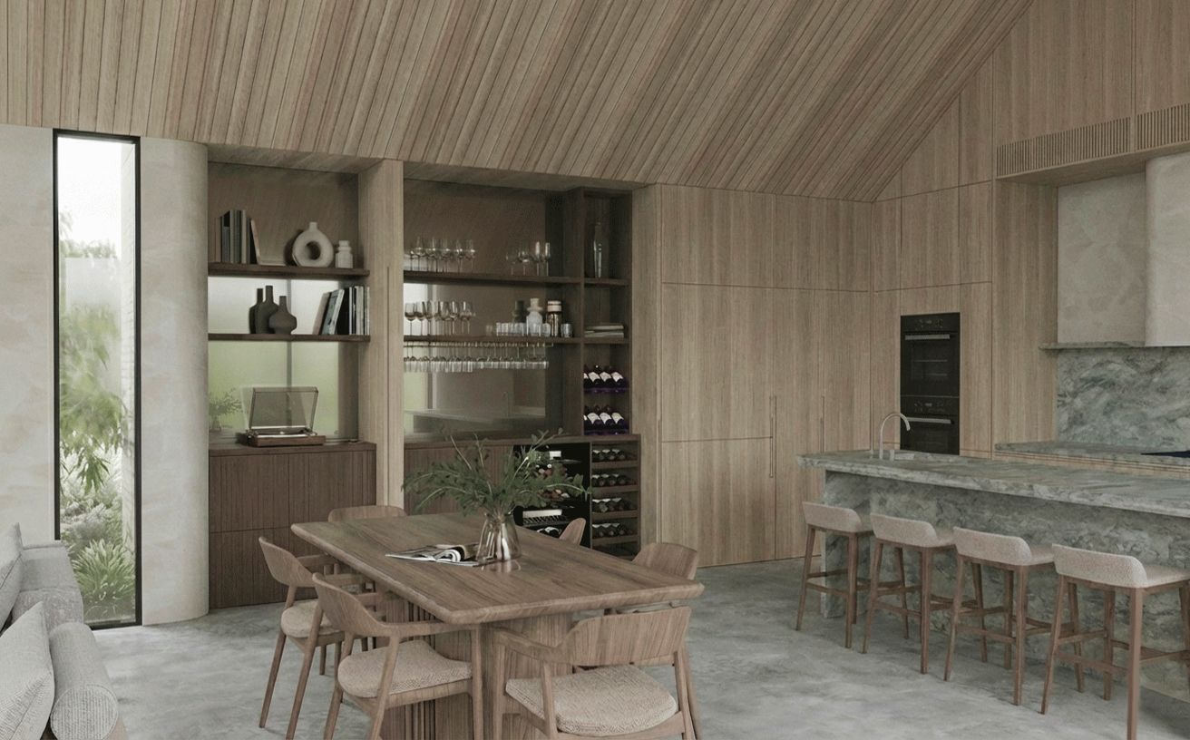 Vaulted timber-batten ceiling detail following the gabled roof pitch