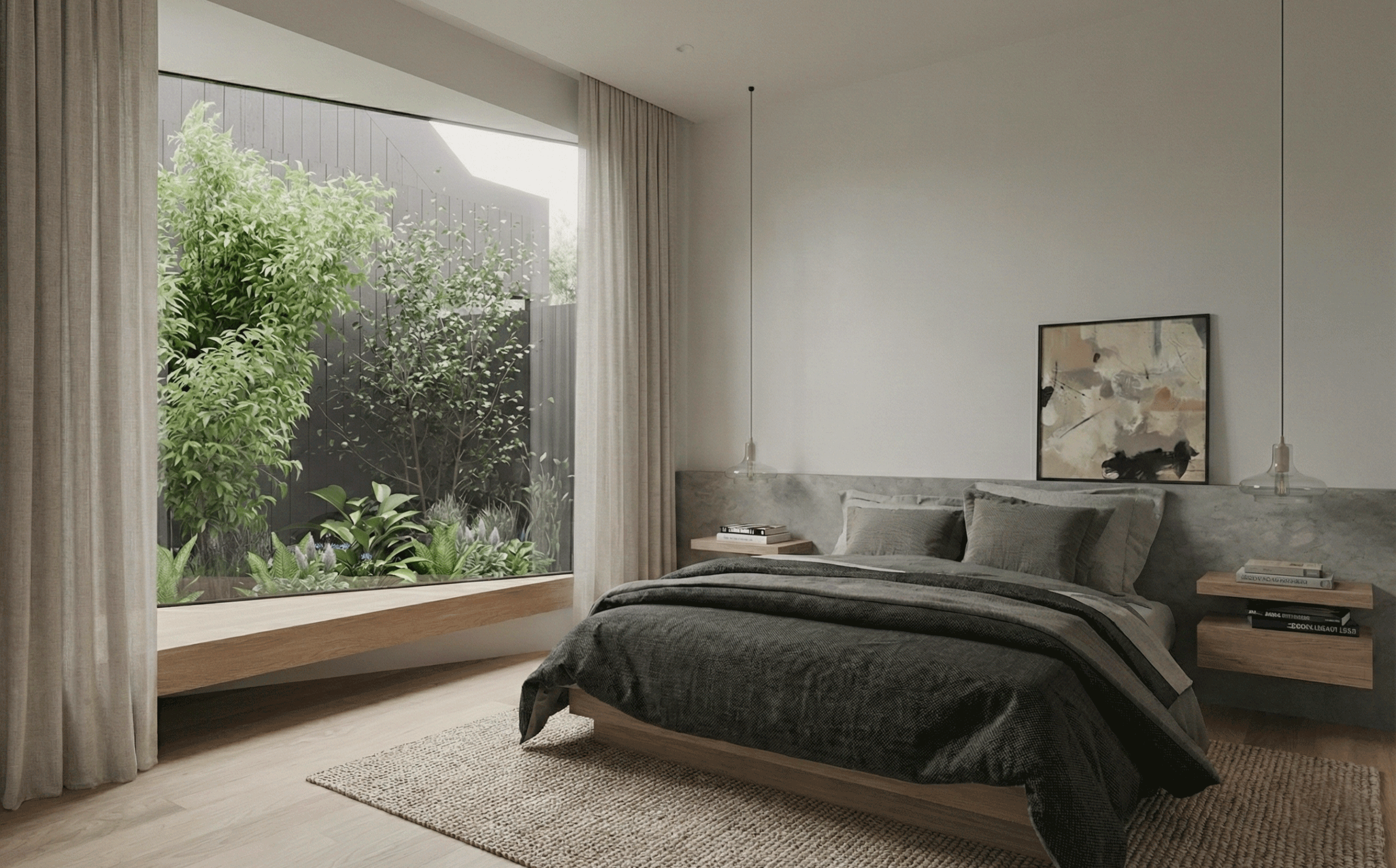luxury bedroom with large window in residential heritage project Melbourne by Architektura