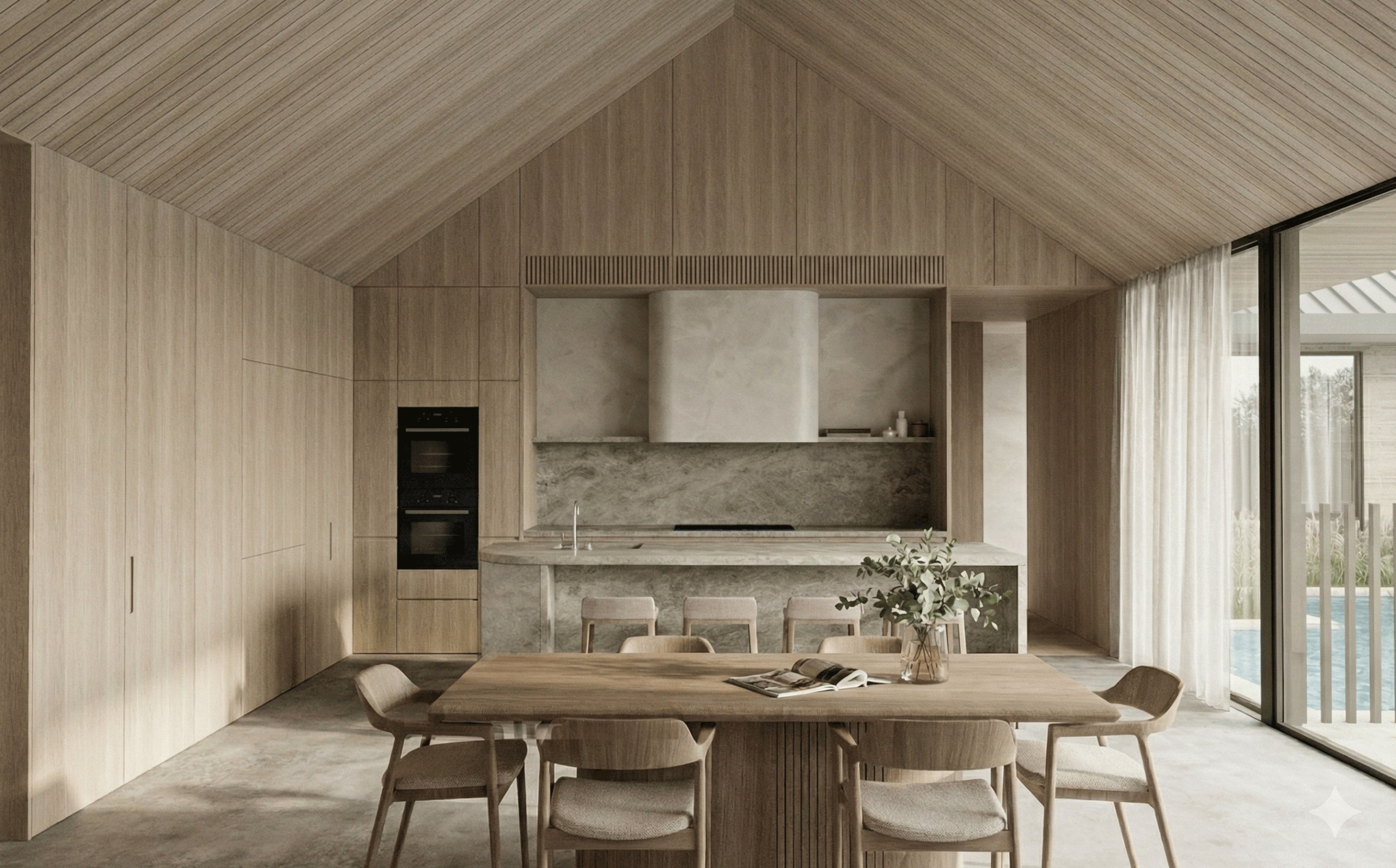 Vaulted timber-batten ceiling detail following the gabled roof pitch