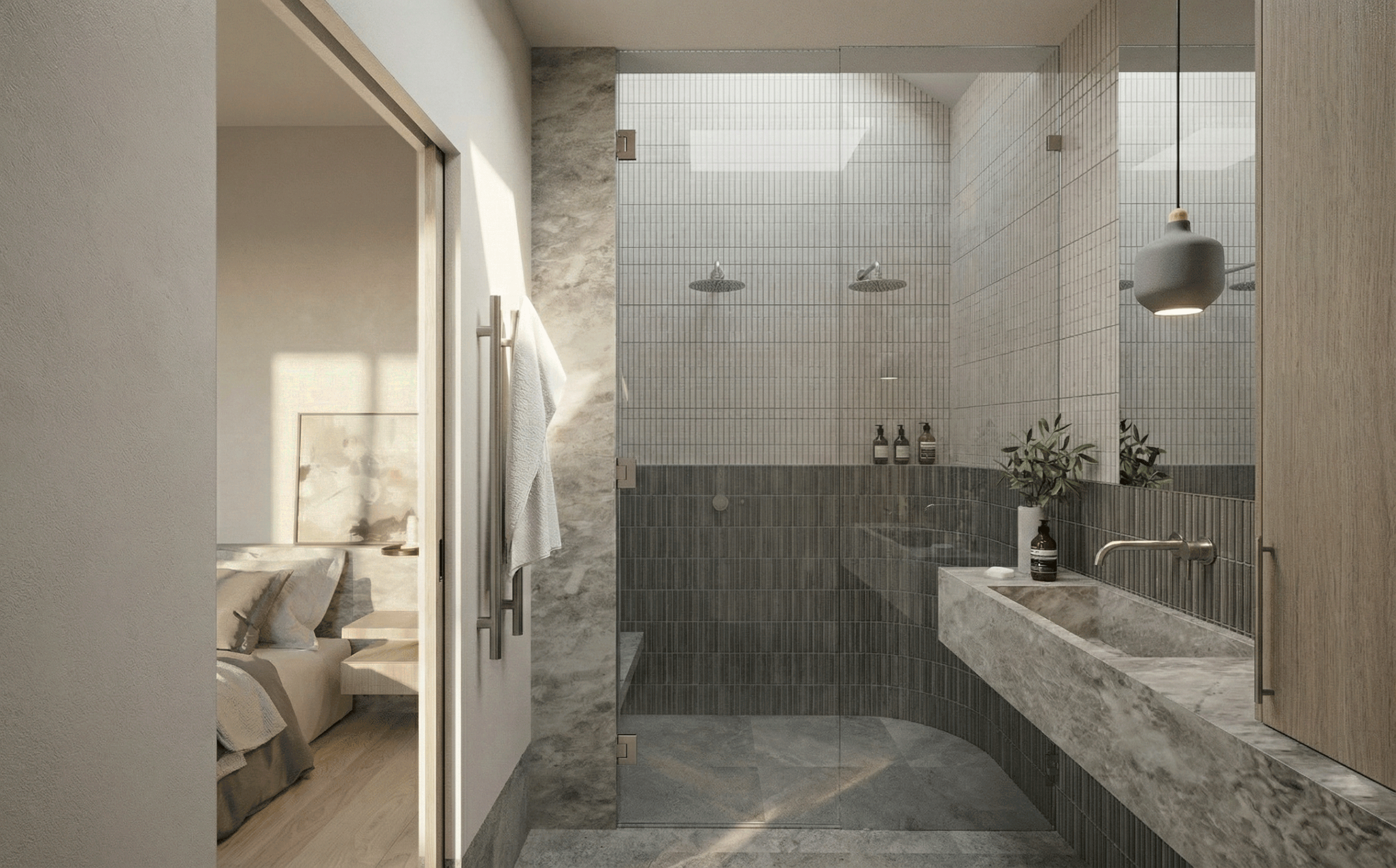 Minimalist bathroom in heritage residential extension Melbourne