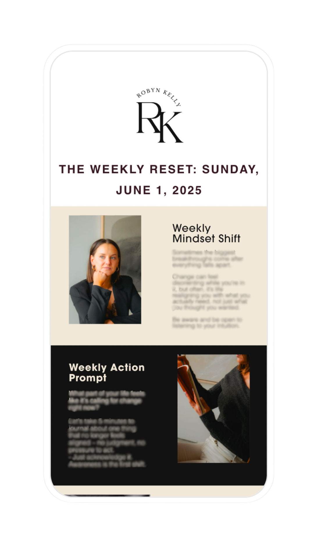 Preview of Robyn Kelly’s Weekly Reset Sunday email newsletter for entrepreneurs, featuring marketing tips, mindset prompts, and burnout recovery advice.