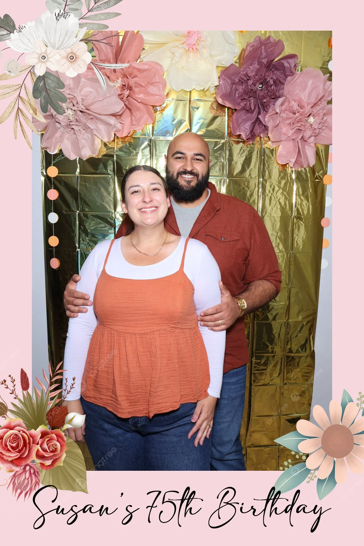 Couple posing at a birthday party with floral decorations and a gold backdrop, celebrating "Susan's 75th Birthday".