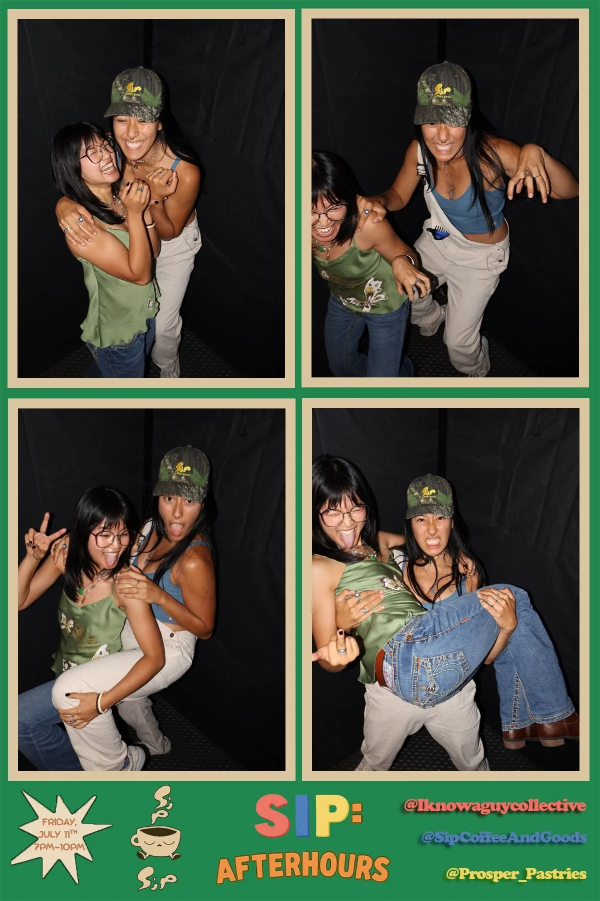 Four photos of two women having fun in a photo booth, making silly faces, and posing playfully.