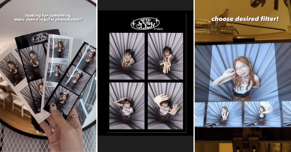 Collage of photo booth images with individuals posing creatively. Left image shows hand holding printed photo strips. Center image displays a larger version of the photo strip. Right image shows a digital screen with photo editing options. Text suggests enhancing photo booth experience and choosing filters.