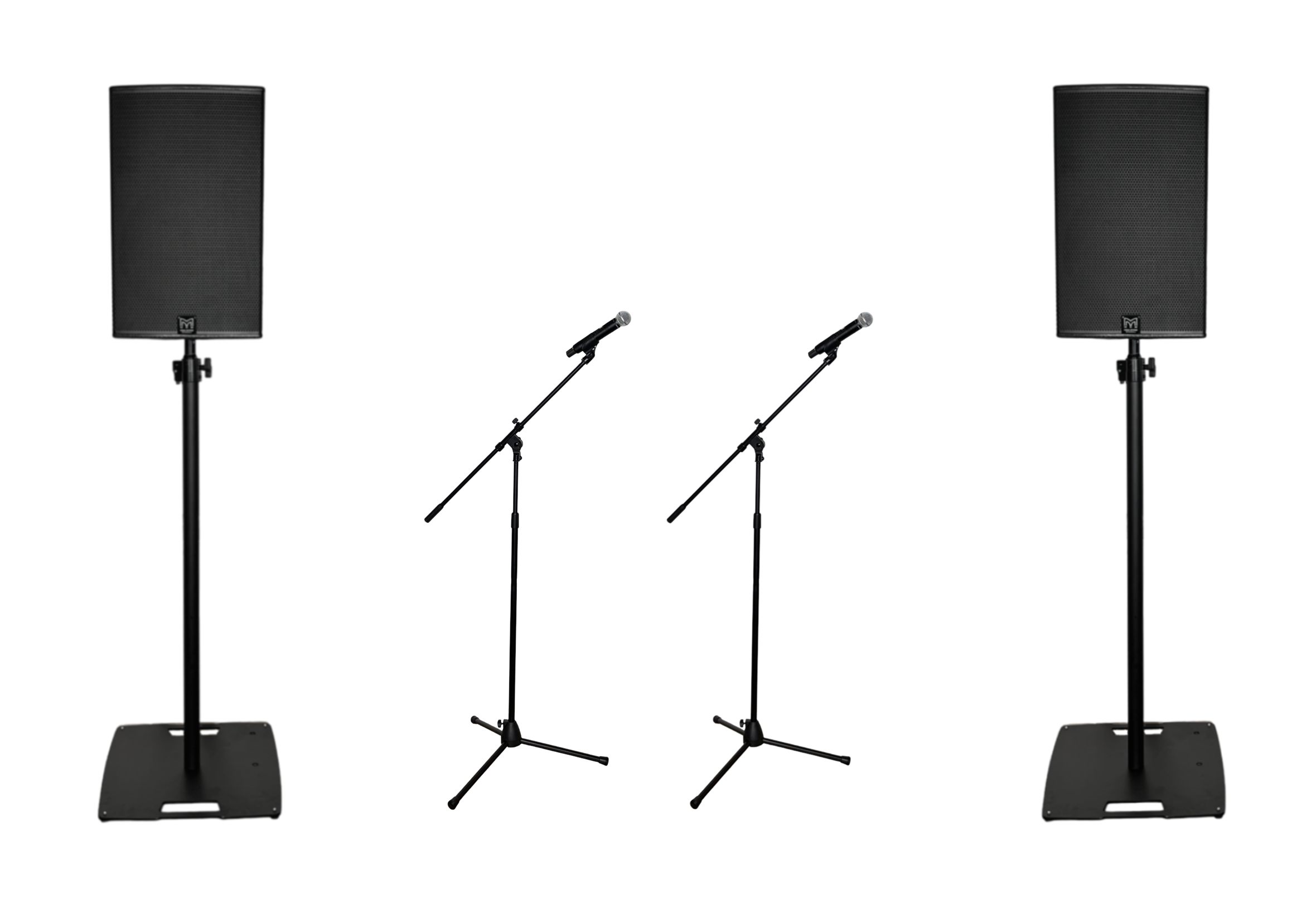 Two large black speakers and a microphone on each stand, a music stand with a blue cloth on it, and a projector screen in the background.