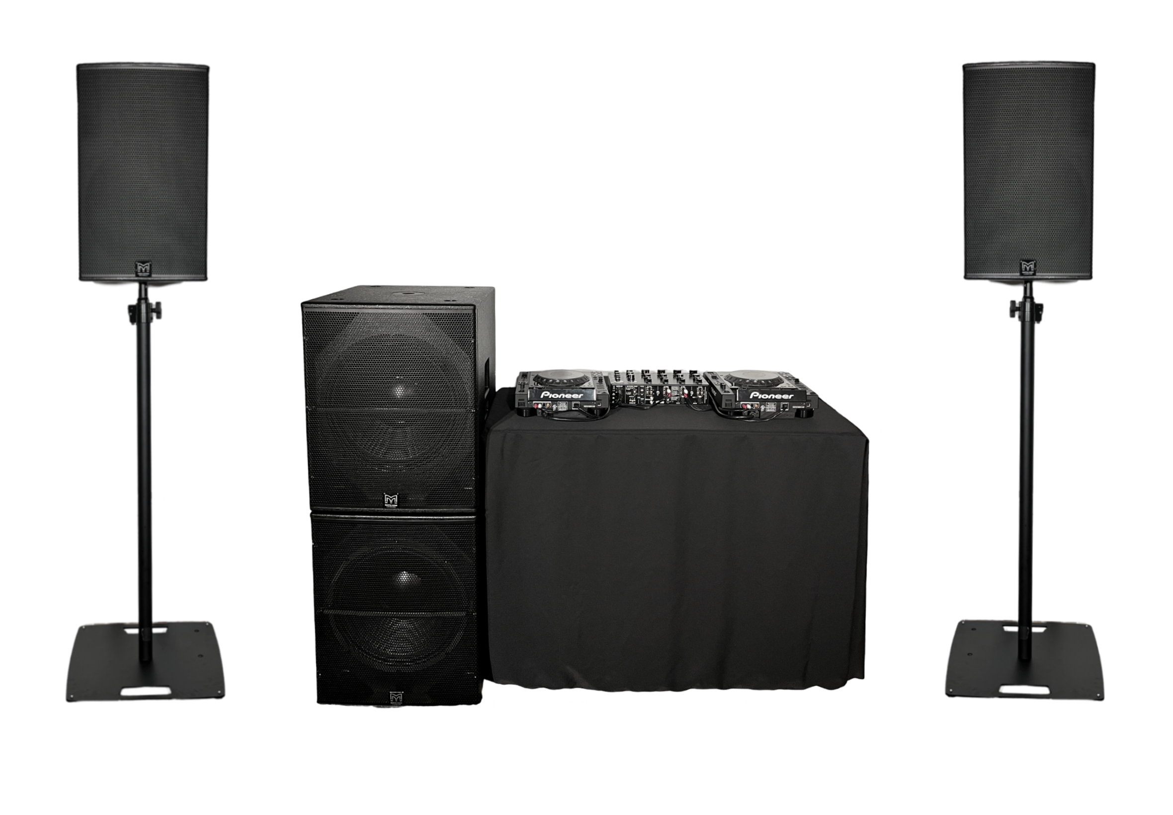 DJ equipment setup with two large speakers on stands, a subwoofer, and a DJ controller on a table.