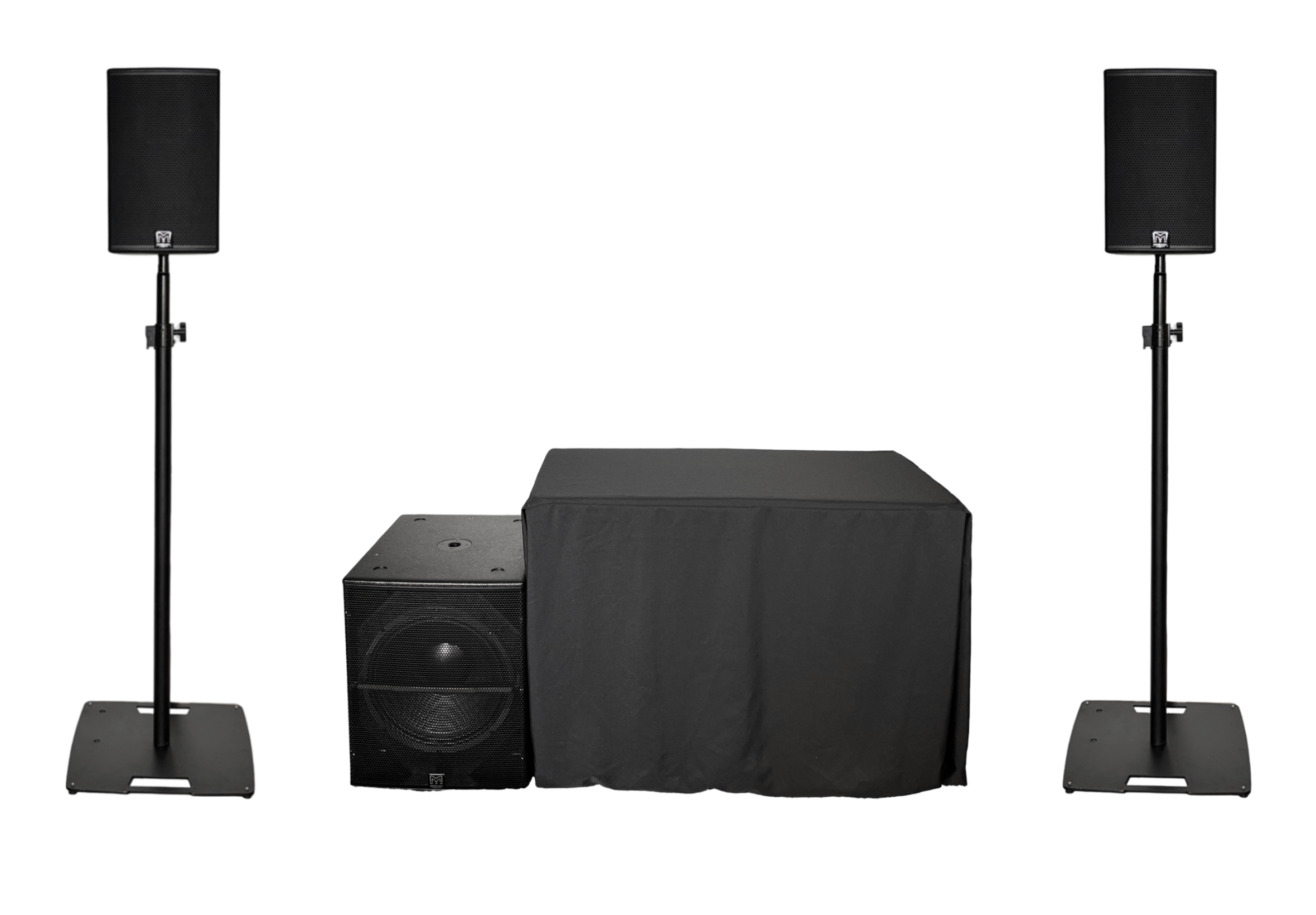 Set of professional audio speakers and a subwoofer on black stands and a black box, with the speakers placed on top of the stands on either side.
