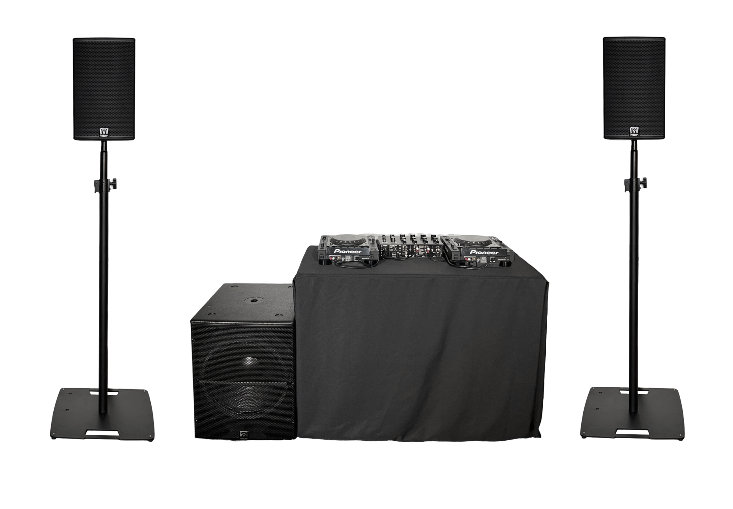 DJ equipment setup with two large speakers, a laptop, and a mixer on a black table, with stand supports on either side.