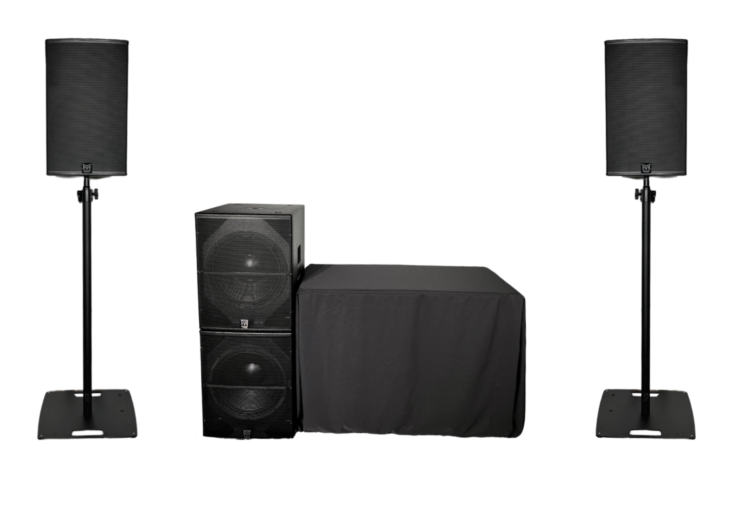 Audio speakers and subwoofer set up on a stage with a black background.