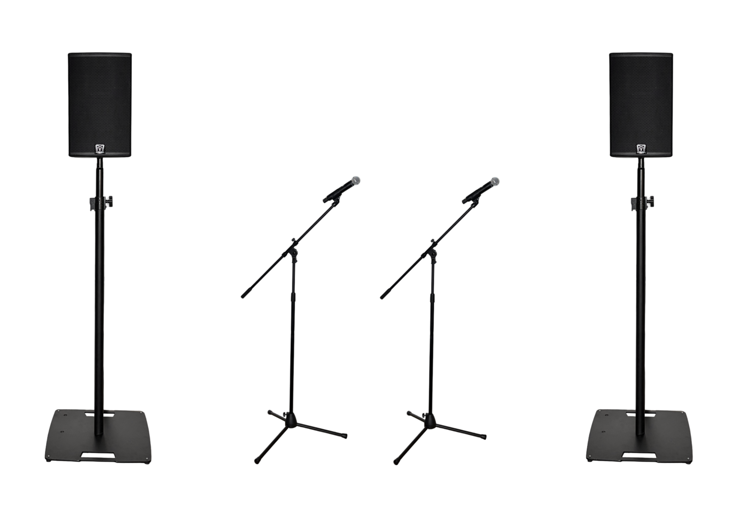 Two large black speakers on stands with a music stand in between them, set against a black background.