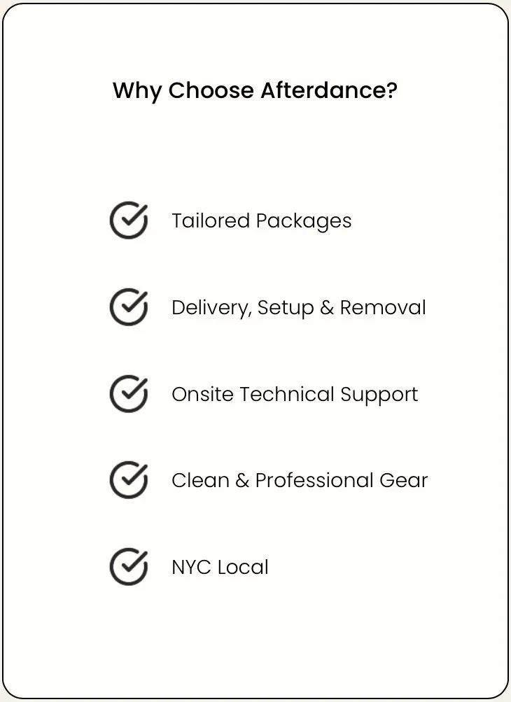 A flyer titled 'Why Choose Afterdance?' listing reasons in bullet points with checkmarks: Tailored Packages, Delivery, Setup & Removal, Onsite Technical Support, Clean & Professional Gear, NYC Local.